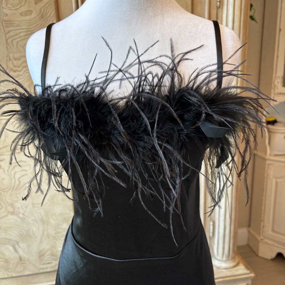 NEW Black Satin Dress with Feathers, Black Dress, Prom Dress, NWOT, Size XL - Picture 3 of 7